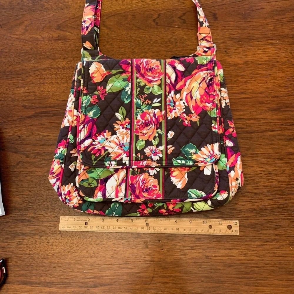 Vera Bradley Quilted Floral Crossbody Messenger Bag Brown Pink Green Pockets